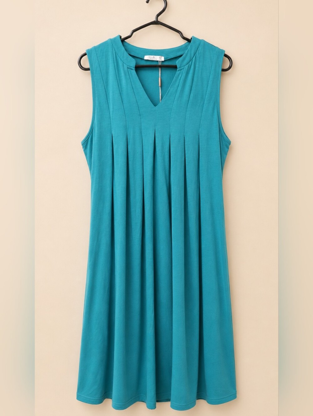 Hotouch Sleeveless Swing Dress Teal Pleated V Neck Soft Stretch Size L